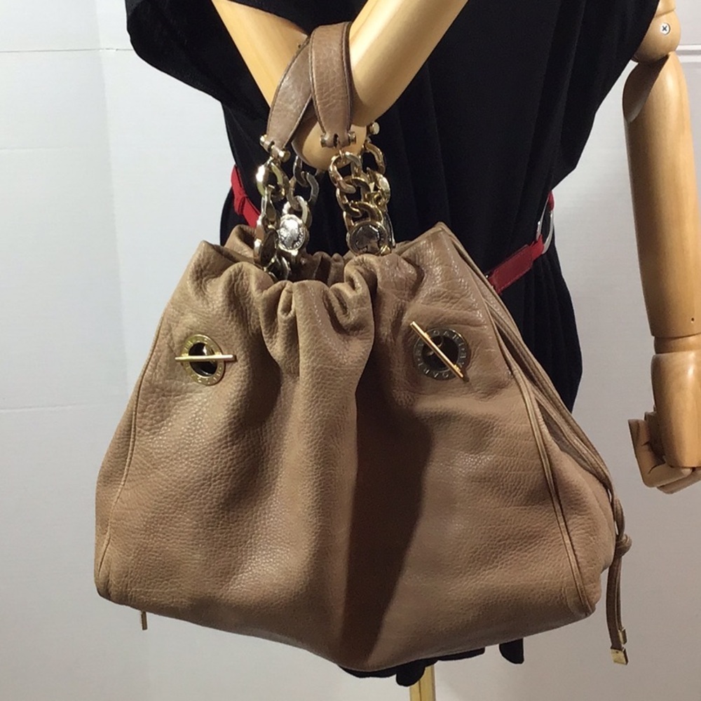 Bvlgari Bulgari taupe leather drawstring bucket bag